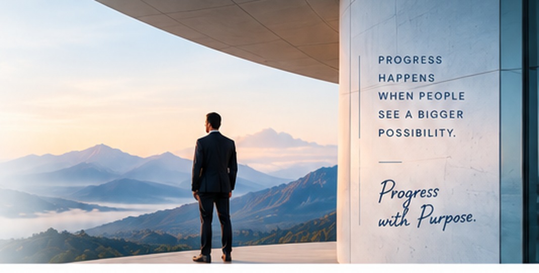 A leader looking toward a mountain horizon from a terrace — progress happens when people see a bigger possibility.