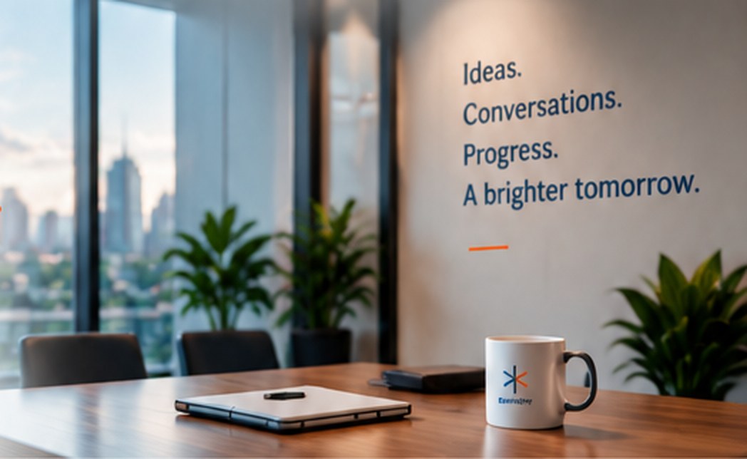Modern meeting room with a wooden table, Aumitra coffee mug, and city skyline through floor-to-ceiling windows.