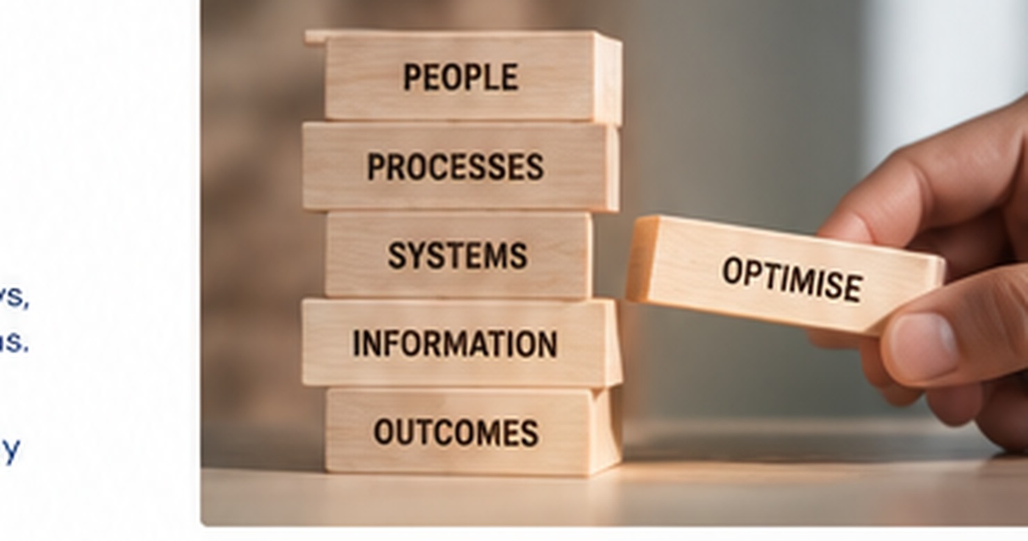 Hand sliding a wooden block labelled Optimise into a stack labelled People, Processes, Systems, Information and Outcomes.