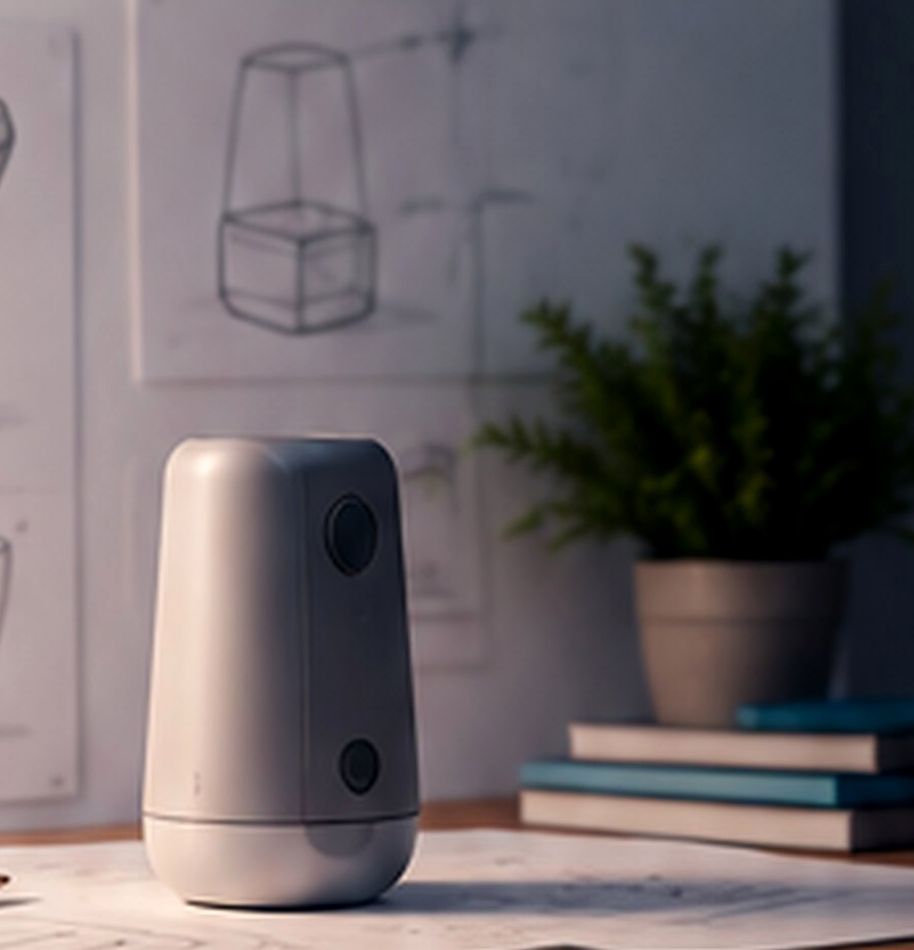 Product prototype on a design desk with sketches and models in the background.