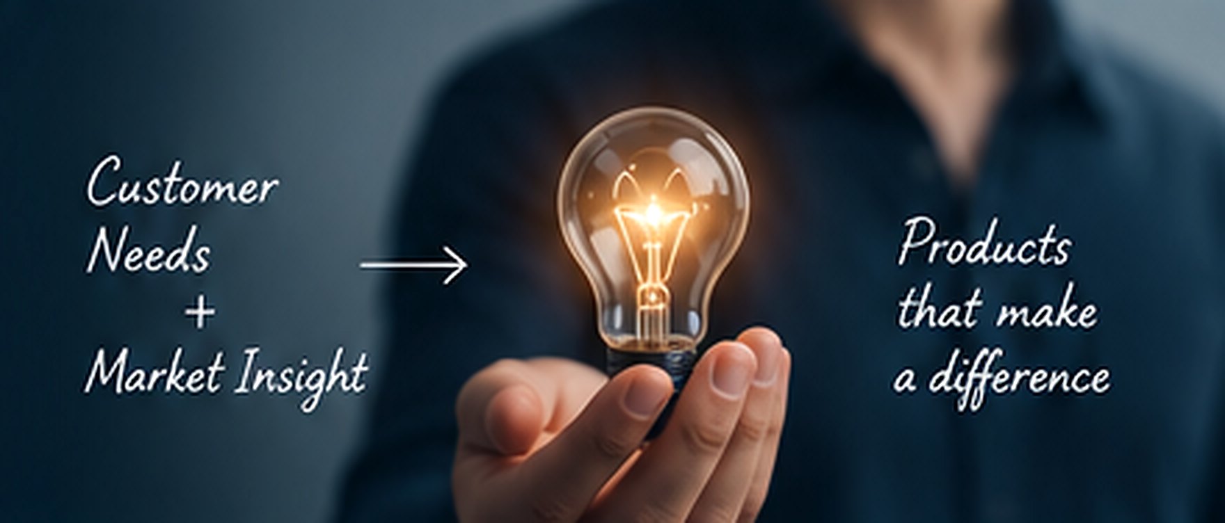 A person in a dark shirt holding a glowing light bulb, representing the meeting of customer needs and market insight.